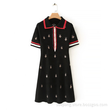 New Bee Pattern Embroidered Short Sleeve Knitted Lapel
